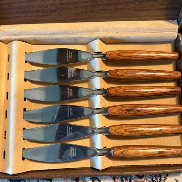 Mode Danish 6 STEAK KNIVES Stainless Sheffield England Teak Wood Handles Vintage - Picture 3 of 5